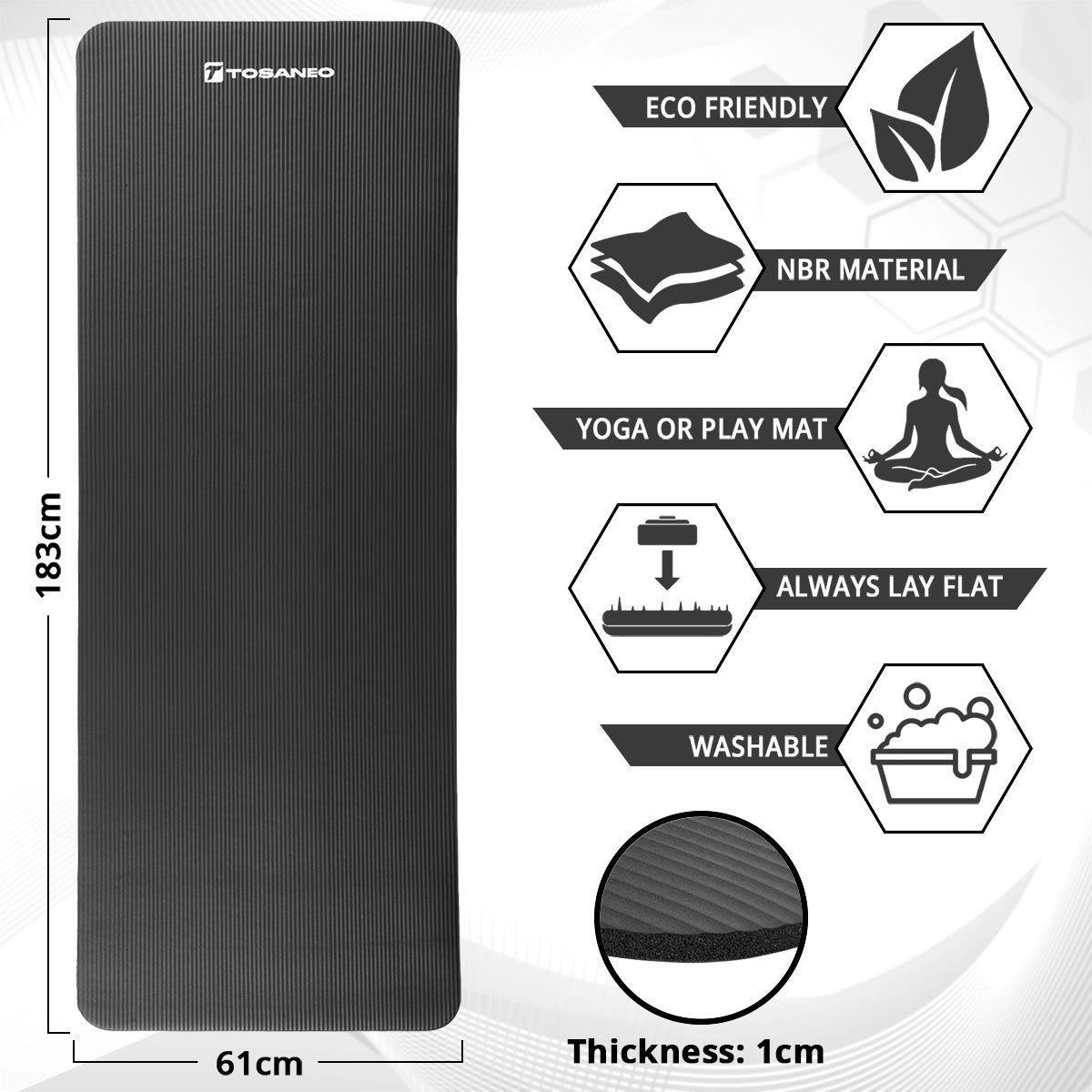 TOSANEO NBR Fitness Yogamatte mit Tragegurt 183cm x 61cm Schwarz