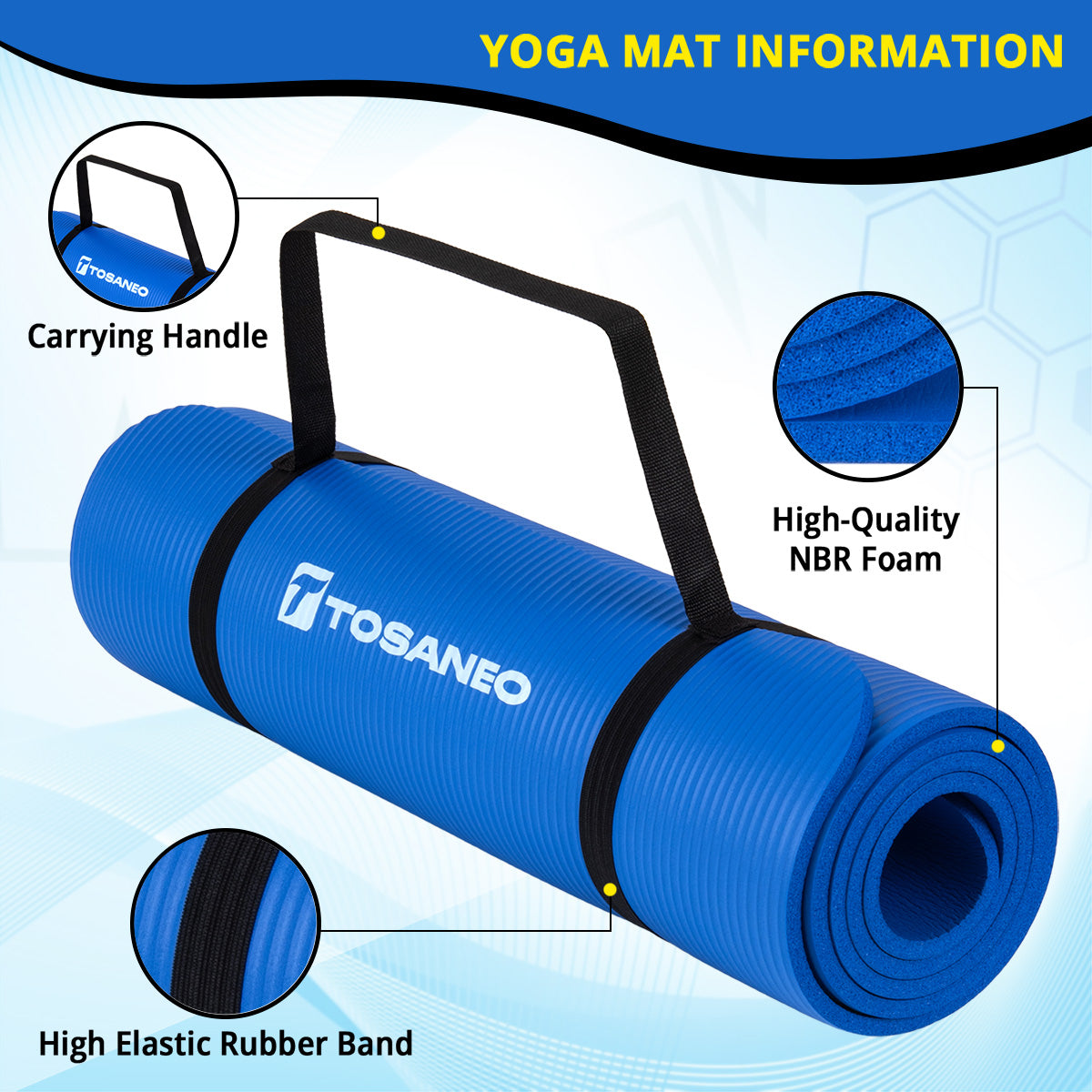 TOSANEO NBR Fitness Yogamatte mit Tragegurt 183cm x 61cm Blau