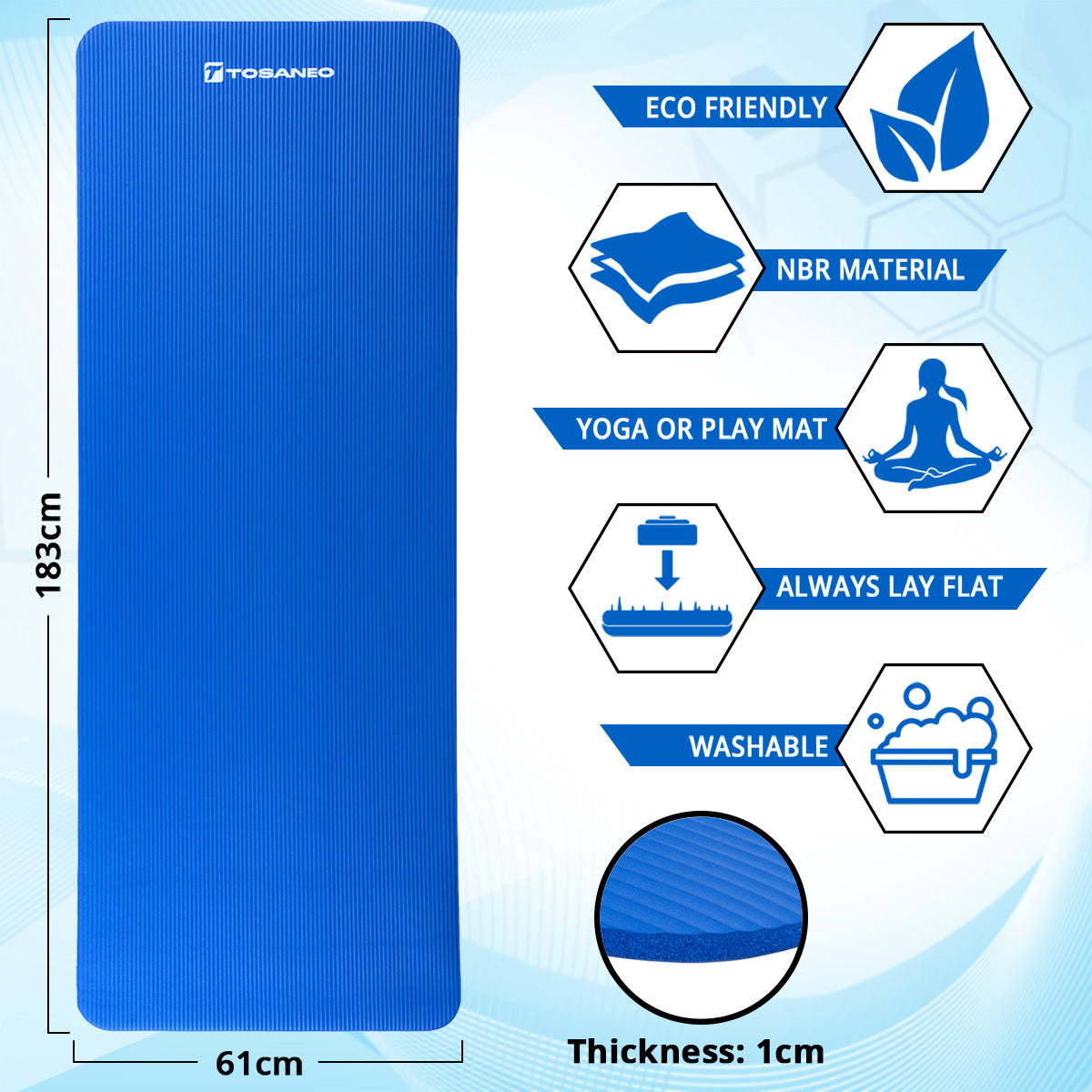 TOSANEO NBR Fitness Yogamatte mit Tragegurt 183cm x 61cm Blau