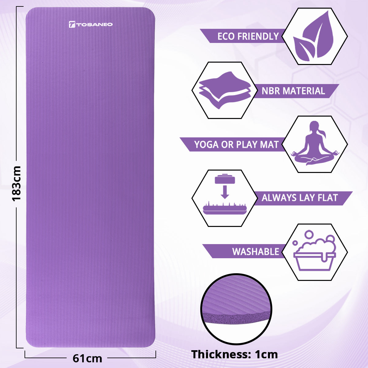 TOSANEO NBR Fitness Yogamatte mit Tragegurt 183cm x 61cm Purple