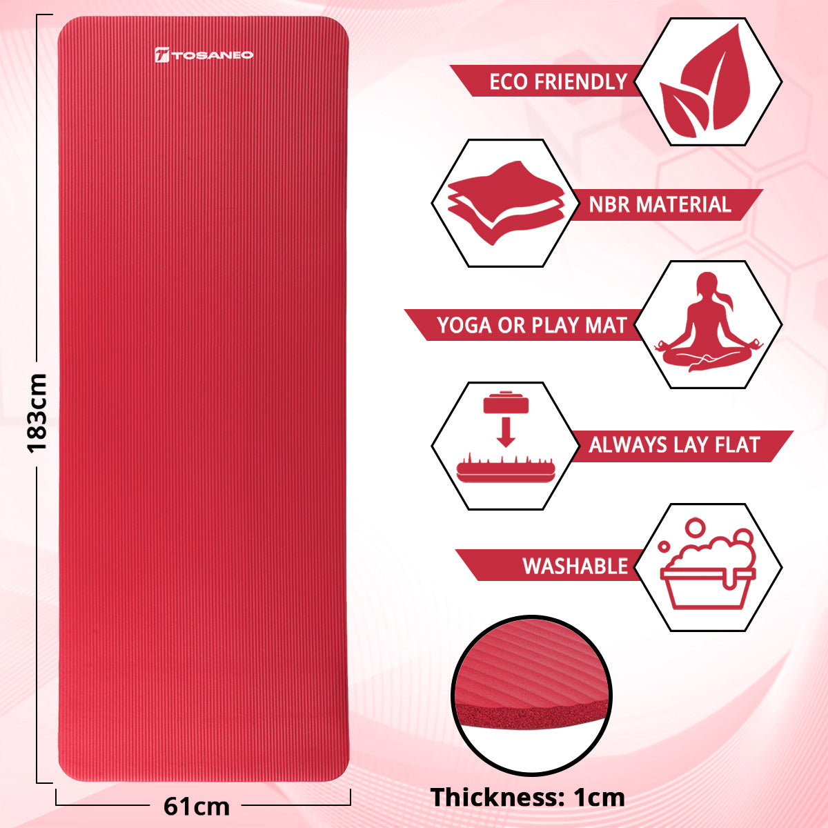 TOSANEO NBR Fitness Yogamatte mit Tragegurt 183cm x 61cm Rot