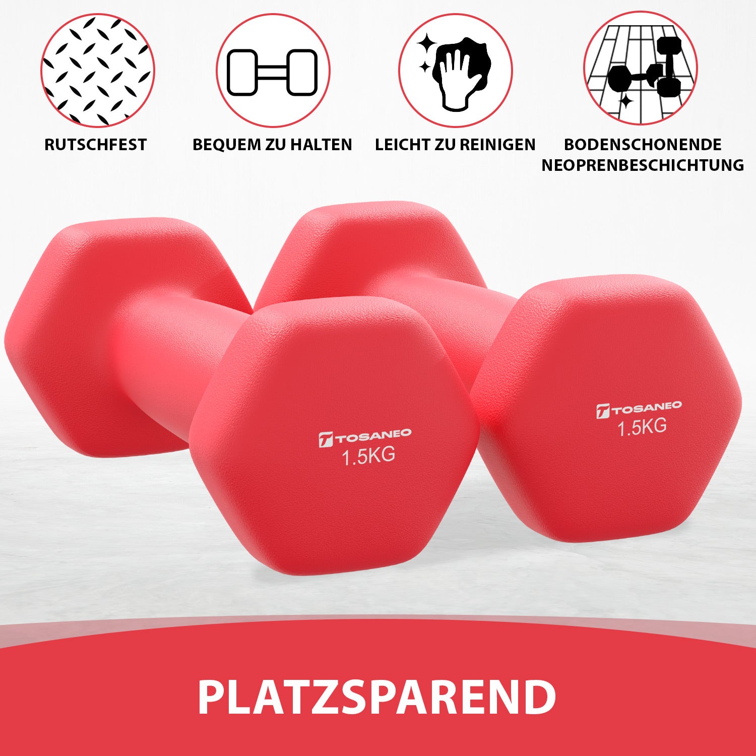 TOSANEO 2er Set Neopren Kurzhanteln 2x1,5kg Rot