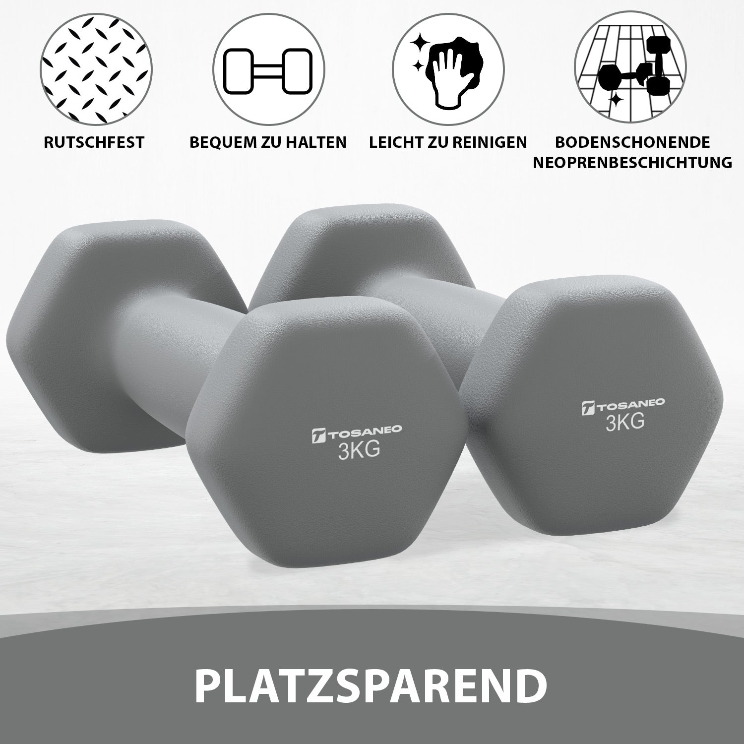 TOSANEO 2er Set Neopren Kurzhanteln 2x3,0kg Grau