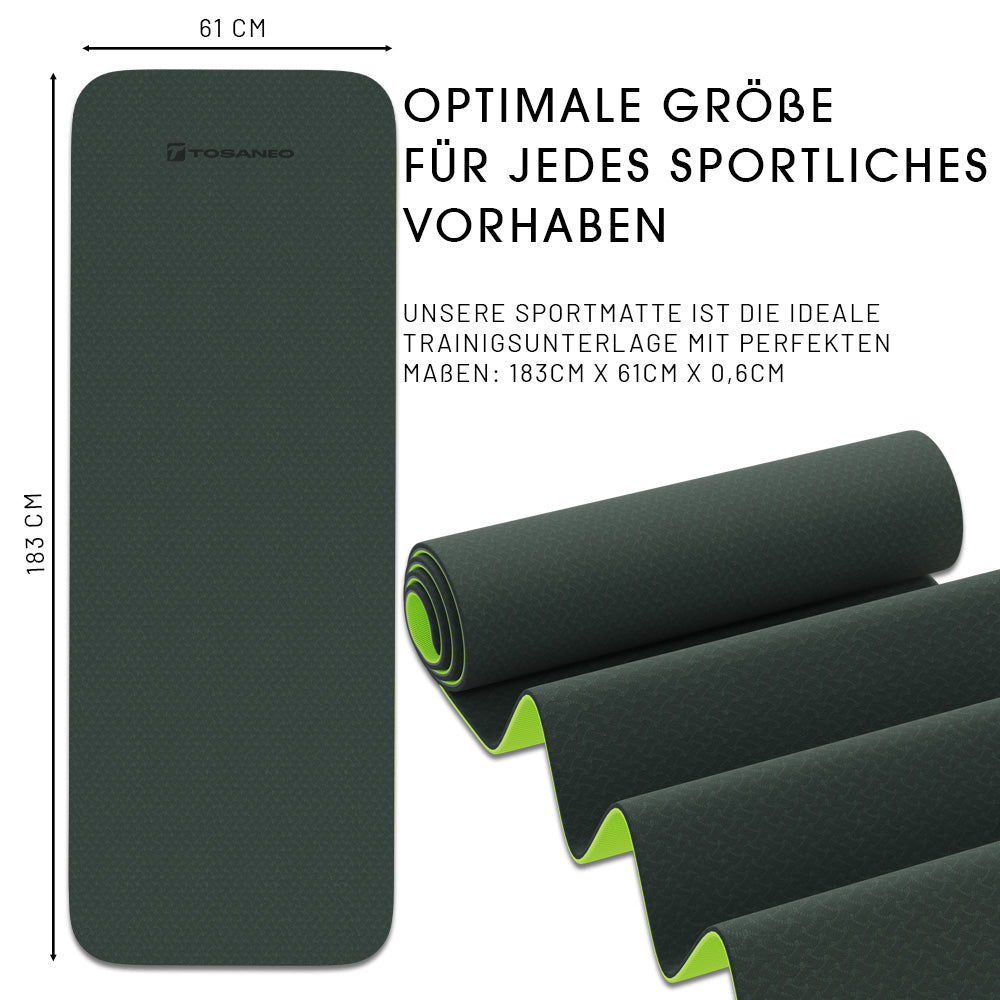TOSANEO TPE Fitness- und Yogamatte mit Tragegurt 183cm x 61cm Grün