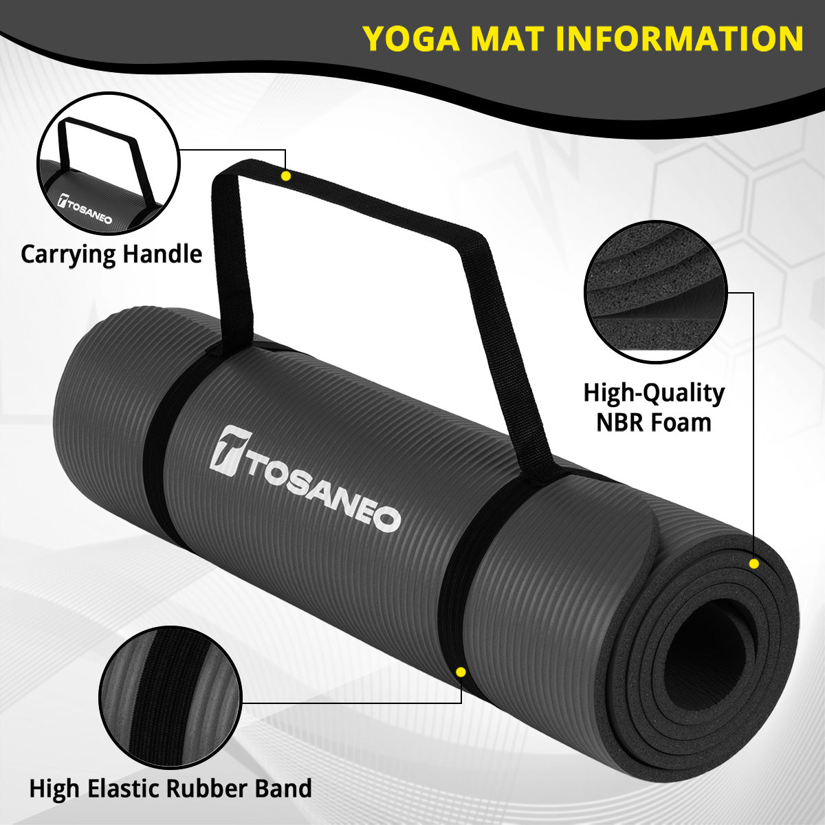TOSANEO NBR Fitness Yogamatte mit Tragegurt 183cm x 61cm Schwarz