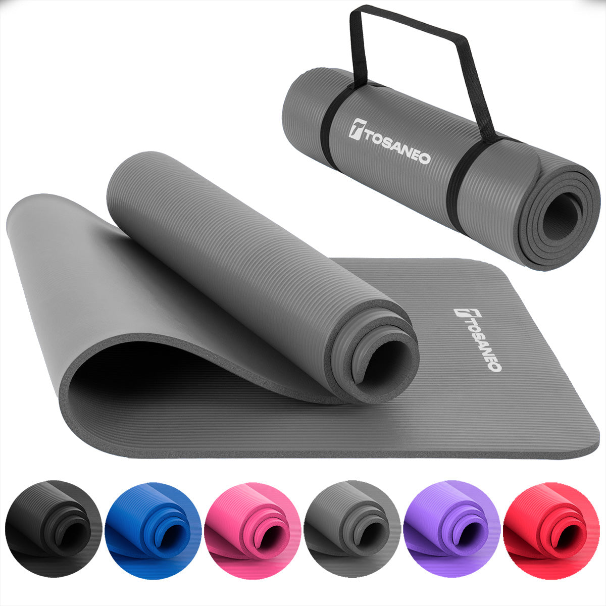 TOSANEO NBR Fitness Yogamatte mit Tragegurt 183cm x 61cm Grau