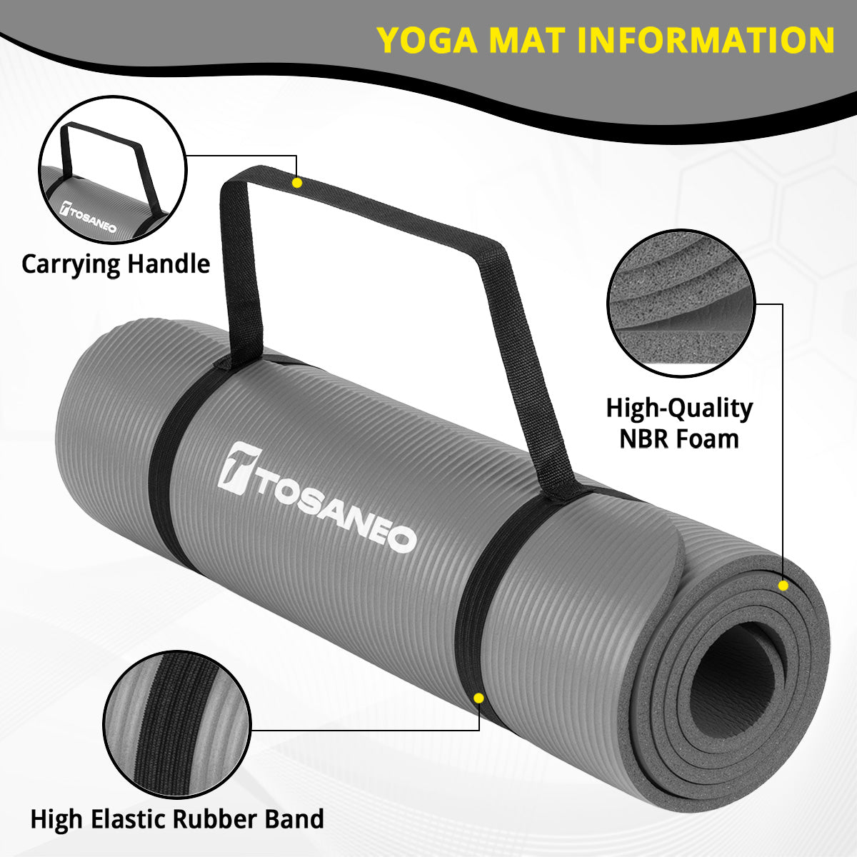 TOSANEO NBR Fitness Yogamatte mit Tragegurt 183cm x 61cm Grau