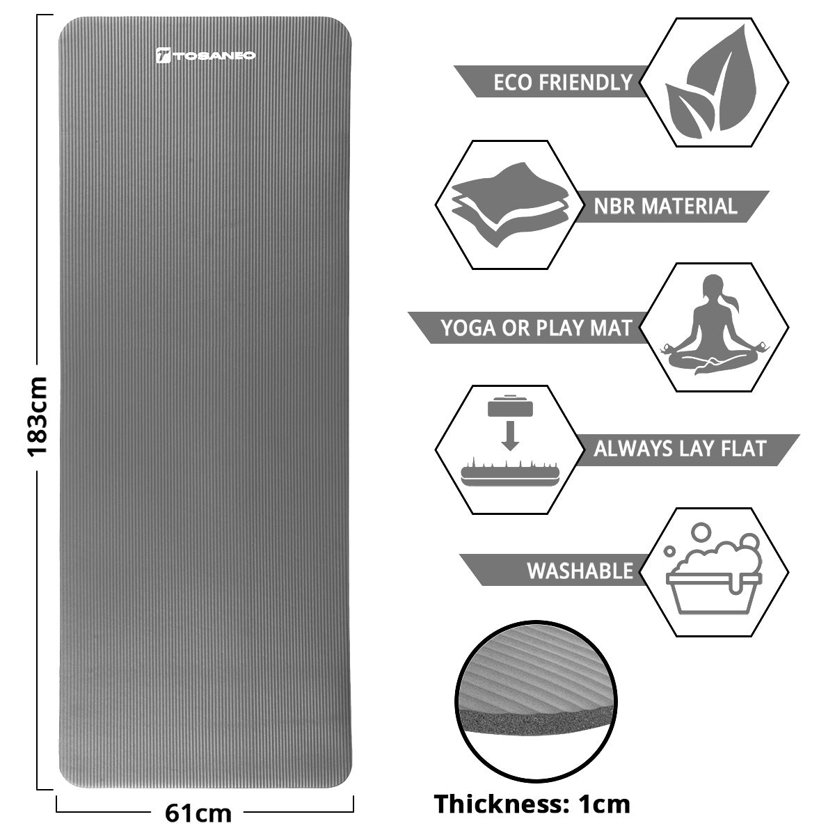 TOSANEO NBR Fitness Yogamatte mit Tragegurt 183cm x 61cm Grau