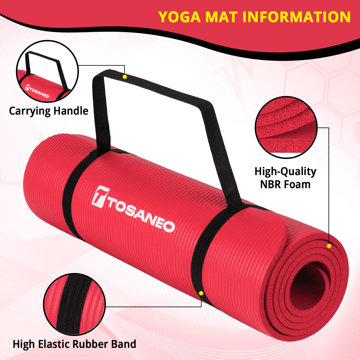 TOSANEO NBR Fitness Yogamatte mit Tragegurt 183cm x 61cm Rot