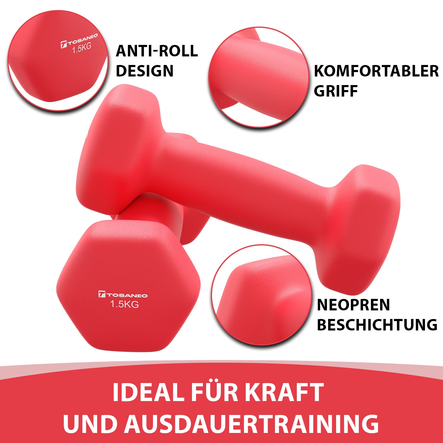 TOSANEO 2er Set Neopren Kurzhanteln 2x1,5kg Rot