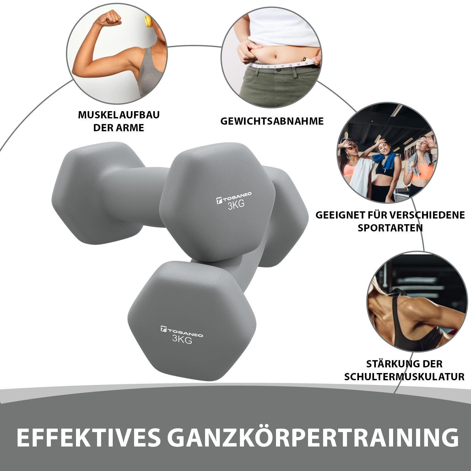 TOSANEO 2er Set Neopren Kurzhanteln 2x3,0kg Grau